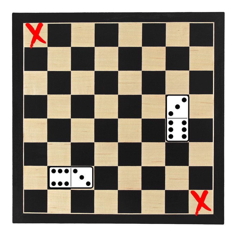 chess board with two domino pieces and two crosses